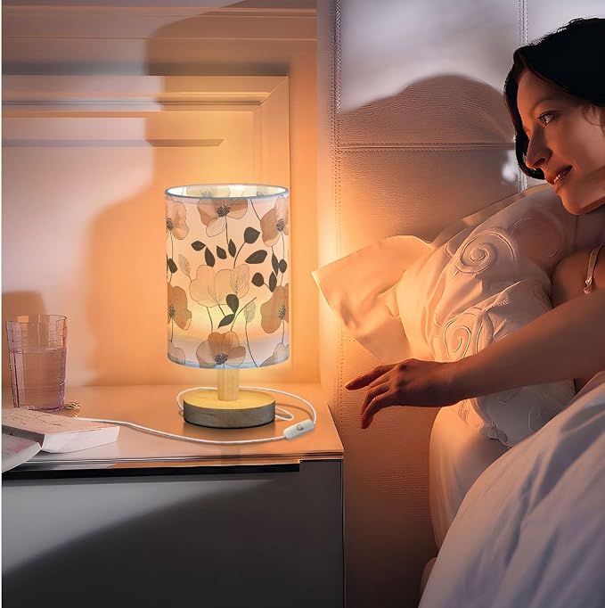 Fustylead Abstract Modern Brown Flowers Elegant Bedside Table Lamps with USB Port for Bedroom Lamp Small Nightstand Lamp Sturdy Linen Shade Wooden Decorative Lamps for Living Room Home Dorm Kids