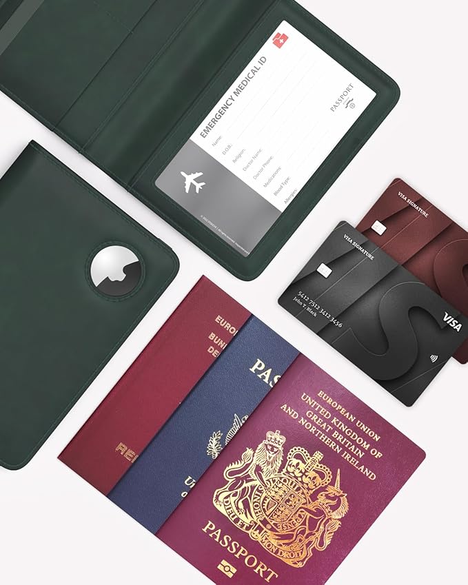 Stouchi Passport Holder with Airtag Slot, Airtag Passport Wallet for Men, Slim Leather Passport Holder Case Family for Travel Anti-Lost, Green