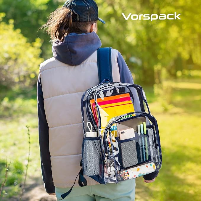 Vorspack Clear Backpack Heavy Duty PVC Transparent Backpack with Reinforced Strap Stitches & Large Capacity for College Workplace Security - Navy