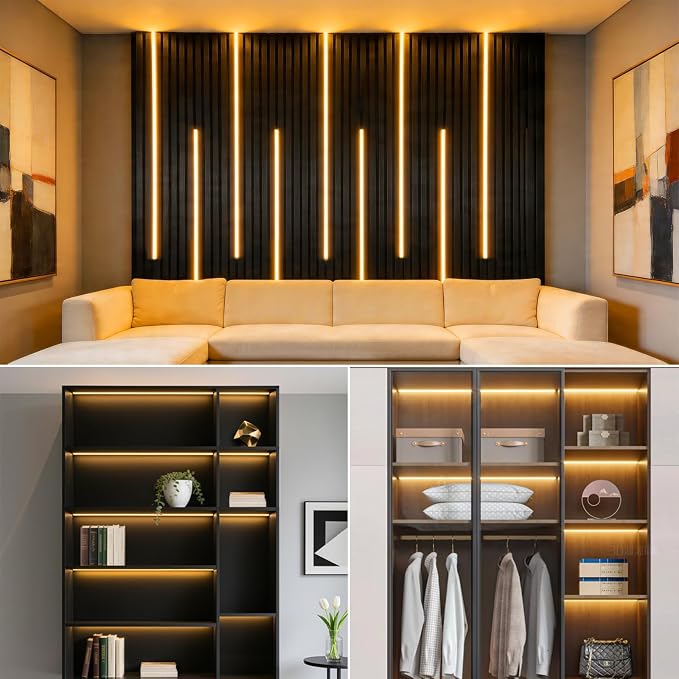 10PCs Touch Dimmable Black COB LED Strip Lights 12V 6.56Ft Self-Adhesive | Under Cabinet Lights with 100W Adapter 3000K LED Recessed Lighting for Wood Slat Wall Panels Headboards Shelf Home Decor