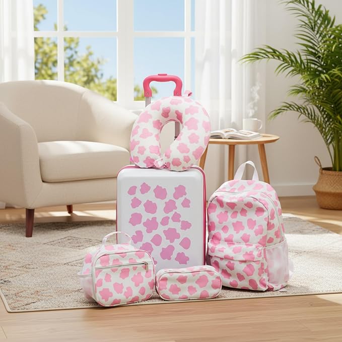 Redbaker 17 Inch 6 Pcs Kids Luggage Set Kids Rolling Luggage Double Pattern Suitcase for Boys Girls (Pink and White, Cow Point Style)