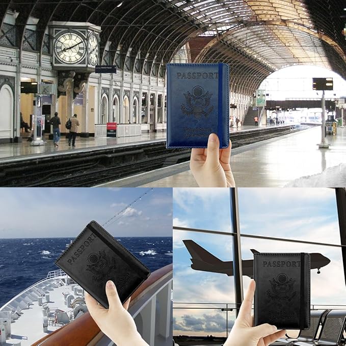 Passport Holder for Travel, 2 Pack Passport Cover, Waterproof Passport Wallet Leather Passport Holder Pen Holder Passport Holders for Women Men Family Travel Must Haves Essentials, Black+Navy Blue