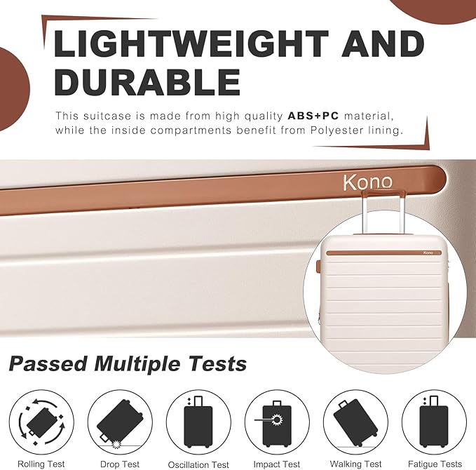 Kono Expandable 20 Inch Carry On Suitcase Airline Approved, Lightweight ABS+PC Hardshell Luggage with 360° Silent Spinner Wheels, Cream/Brown