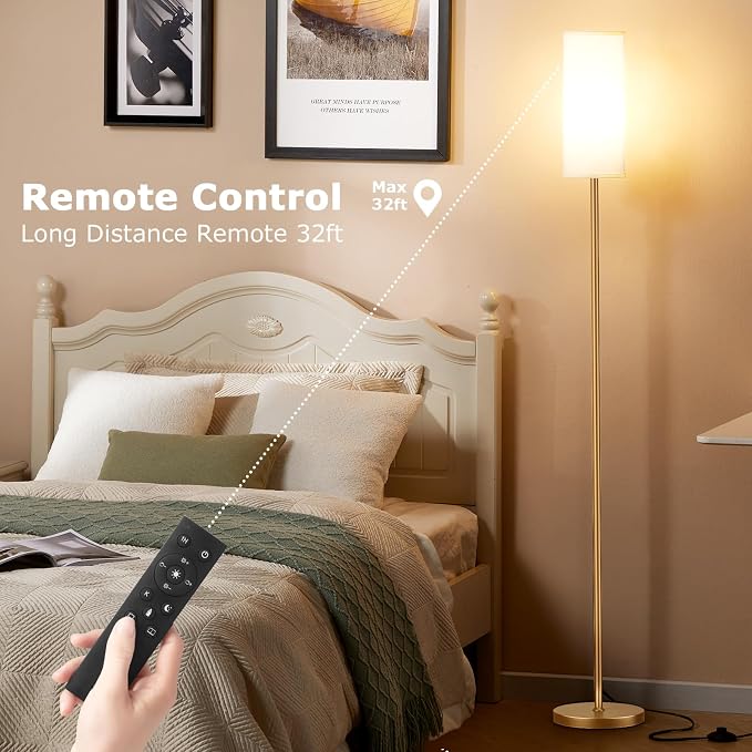 64'' Floor Lamps for Living Room with Remote Control and Stepless Dimmable Colors Temperature & Brightness, 9W Bulb Included(White Lampshade & Gold Pole)
