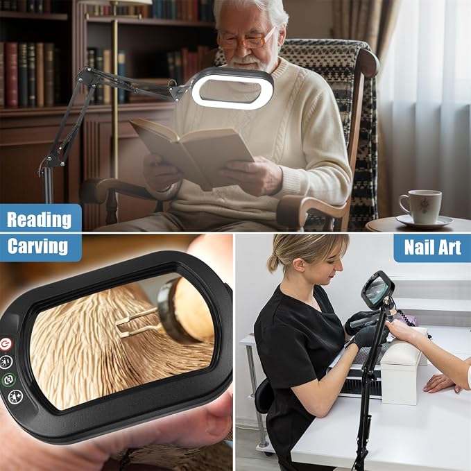 IVMAIE 12X Magnifying Glass with Light and Stand, Real Glass Lens, 5 Color Modes LED Dimmable Lighted, 3-in-1 Floor Lamp with Clamp, Hands Free Magnifier for Reading, Craft Painting Close Work, Black