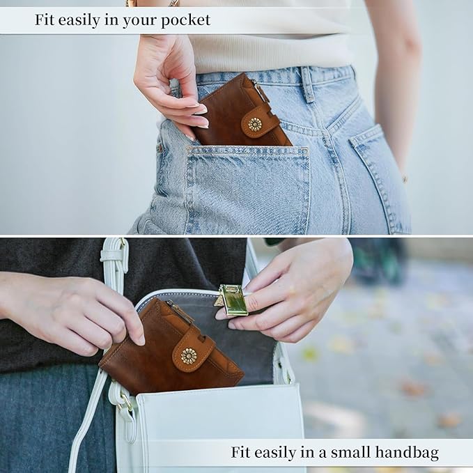 Wallet Women,RFID Blocking Leather Womens Wallet Bifold Compact Card Holder Small Wallet for Women with Removable ID Window zsbrown