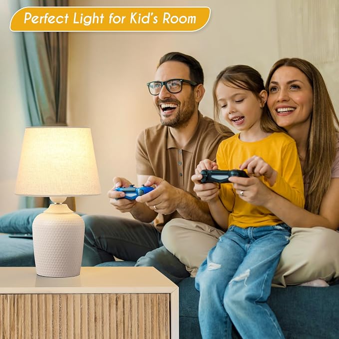 11.8’’ Small Table Lamps Set of 2 for Bedroom Kid’s Room, Beige & Cream | Cute & Unique, Perfect for Bedside Nightstand Desk Nursery Reading, Fabric Shade