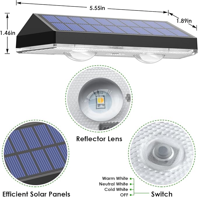 LIANGLOME Solar Fence Lights - 2PK Solar Outdoor Light Warm White/Daylight White/Cold White 3 Modes Deck Lights for Outside, Deck Fences, Stair Railings, Pools and Walls