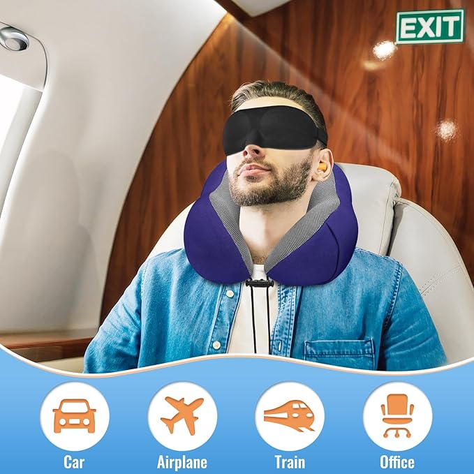 CloudBliss Travel Pillow Premium Memory Foam, Comfortable & Supportive Neck Pillow, Neck Pillows for Sleeping Travel, Airplane Pillow for Sleeping Airplane, Car, Office and Home(Black & Navy)