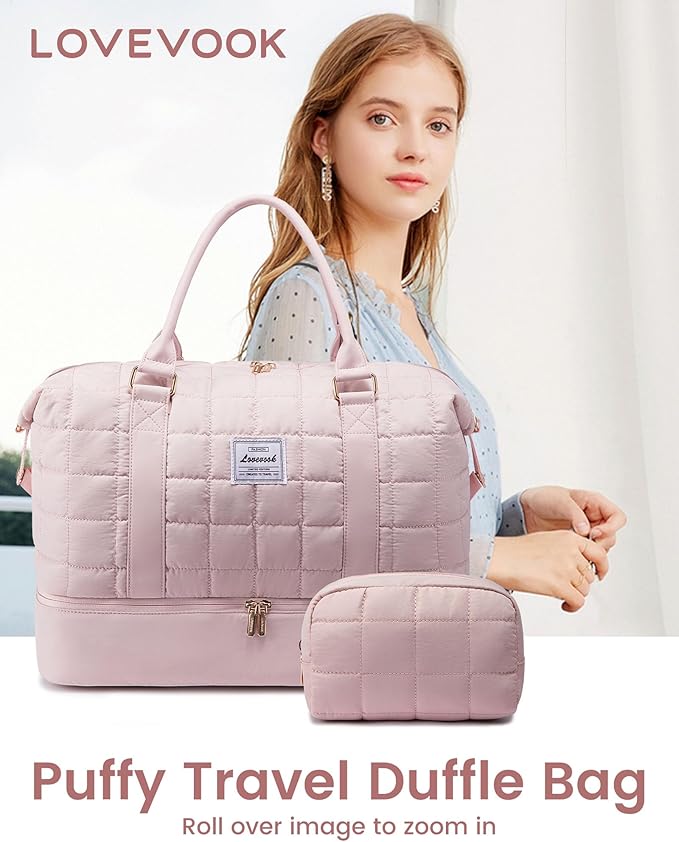 LOVEVOOK Large Duffle Bag for Travel, Puffer Weekend Bags for Women Travel Tote, Carry on Duffel Bag for Airplanes, 18 Inch Personal Item Bag Gym Bag Women, Pink