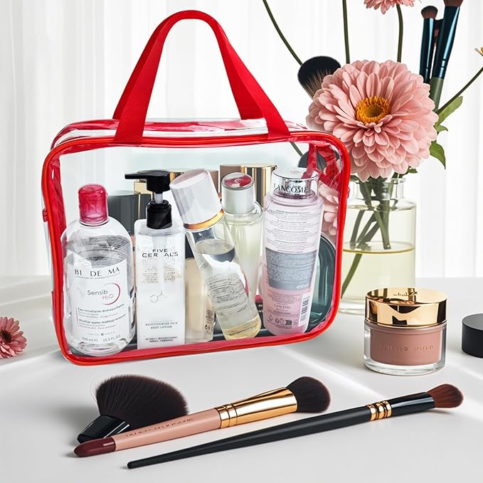 4 Packs Large Clear Makeup Bag, Waterproof Clear Comestic Toiletry Organizer Bags with Handle, Reusable PVC Storage Bags with Zipper for Travel