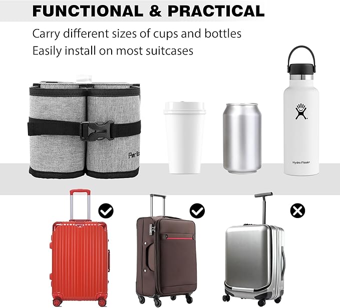 Perilogics Luggage Travel Cup Holder Attachment for Suitcase Drink, Coffee Mug, Bottle Caddy. Traveler Carry on Hands Free Accessory. Ideal for Frequent Travelers or Flight Attendants Gift.