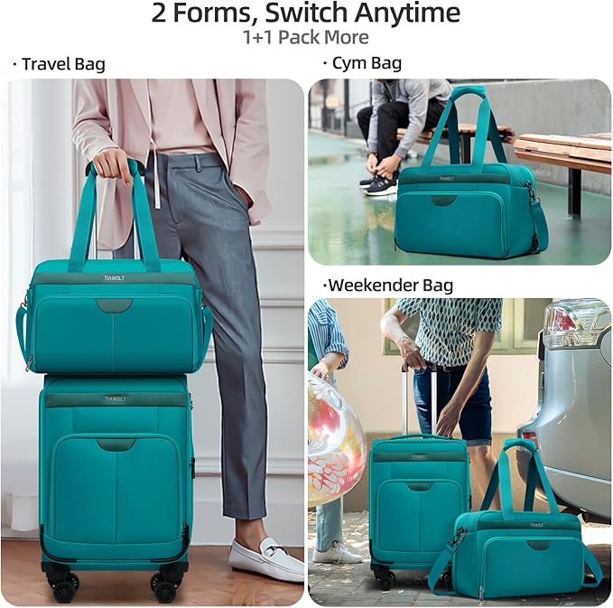Carry On Luggage 22x14x9 Airline Approved with Wheels,2-piece Luggage Set,Softside Expandable Luggage Suitcase with TSA Lock&Carry-on UnderSeat travel Duffle Bag,Weekender Bag-Green