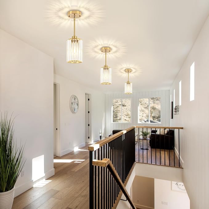 Brushed Brass Pendant Light Fixtures Over Island Modern Kitchen Lighting | 2 Pack Adjustable Hallway Ceiling Lights, Crystal Hanging Pendant Lights for Dining Room Bathroom Entryway Above Sink