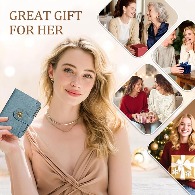Icycay Blue Small Wallet Women RFID Blocking Bifold, Credit Card Holder, Zipper Coin Pocket, PU Leather, Compact, Travel, 4 ID Window, 14 Card Slots, Cash Purse, Ladies Woman Female Girls