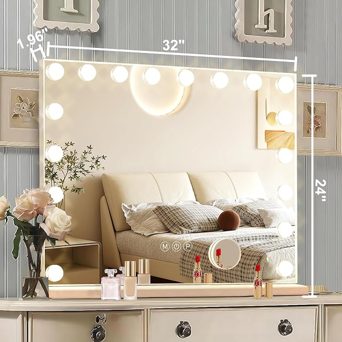 Ratsamee Hollywood Vanity Mirror with Lights, 18 Dimmable Bulbs, 3 Color Lights,Make Up Lighted Mirror, Aluminum Metal Frame, USB Charging Port(32" x 24")