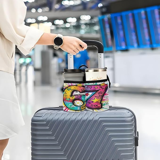 Luggage Cup Holder for Suitcases Free Hands Travel Cup Holder Portable Suitcase Cup Drink Holder Luggage Cup Caddy Bag Carrier Colorful 67 Graffiti Star Vibrant