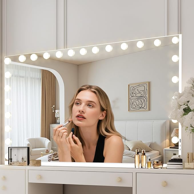 Moonee Vanity Mirror with Lights, Hollywood Lighted Makeup Mirror with 24 Dimmable Bulbs and 10X Magnification, 3 Colors Modes, Aluminum Metal Frame, Light Up Mirror for Tabletop/Wall(48" x 30")
