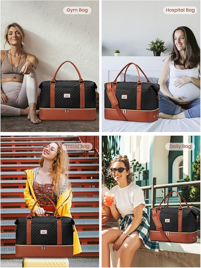 Travel Weekender Duffle Bags for Women: Overnight Bags with Shoe Compartment Large Carry on Weekend Bag with Toiletry & Wet Pocket Tote Duffel Bag Hospital Bag for Women Labor Delivery Black Brown