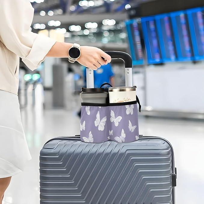 Luggage Cup Holder for Suitcases Free Hands Travel Cup Holder Portable Suitcase Cup Drink Holder Luggage Cup Caddy Bag Carrier White Butterfly