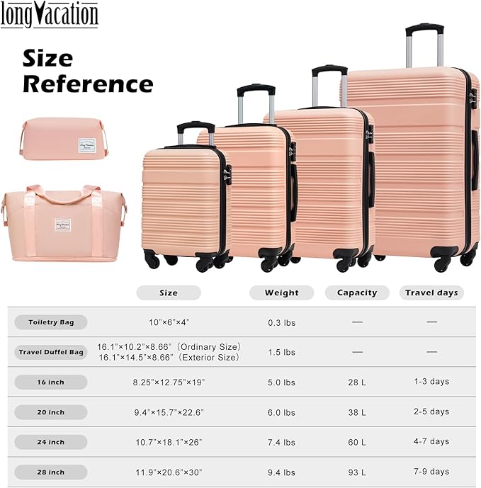 LONG VACATION 6 Piece ABS+PC Hardshell Luggage Set with Spinner Wheels, Lightweight suitcase set with TSA Lock & YKK Zipper, Pink