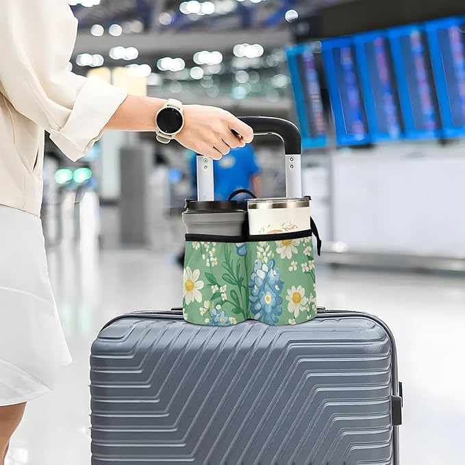 Mint Green Bluebonnet and Daisy Flowers Luggage Cup Holder Travel Portable Free Hand Drink Carrier Suitcase Drinks Beverage Holder Carry-On Bottle Mug Holder Organizer Bag Travelers Accessorie