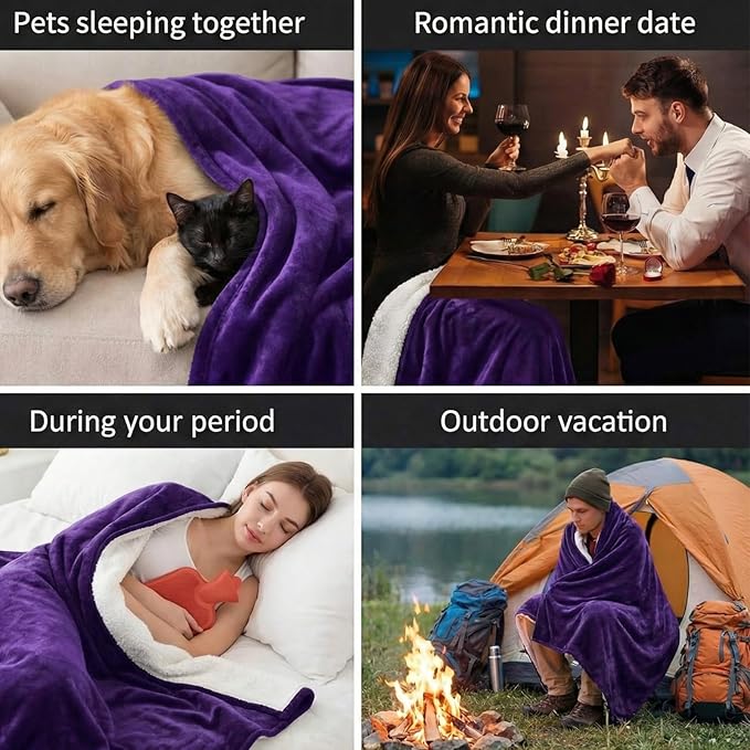 Waterproof Gray Blanket for Dog Cat Puppy, 80''x 80'' Double Side Leakproof Reversible Double Side Sherpa Flannel Fleece 3 Layer Lightweight Blanket, Absorb 70oz(PurpleWhite), Machine Washable