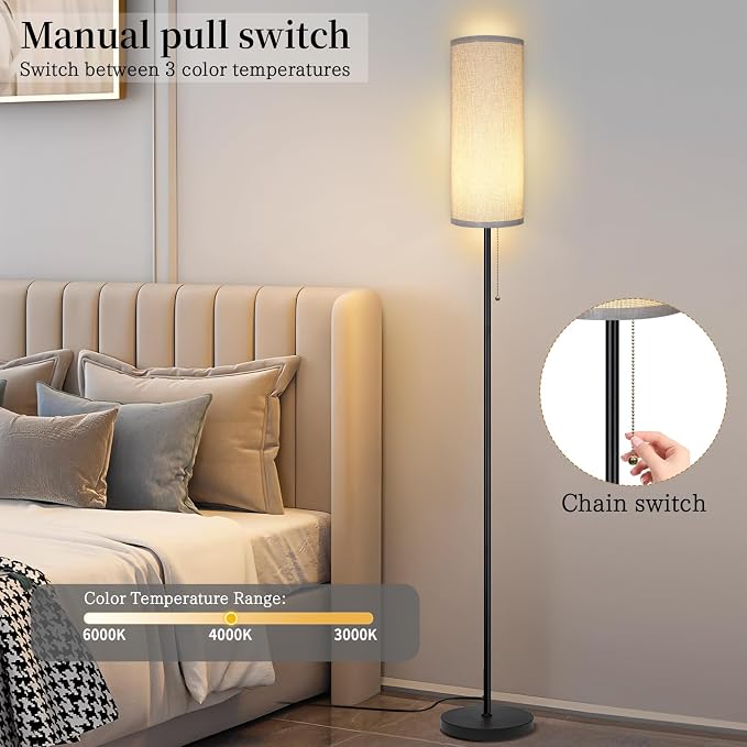 Floor Lamp for Living Room, Modern Standing Lamps with Lampshade, Minimalist Tall Lamp with Chain Switch for Living Room, LED Bulb Included (Gray Shade)