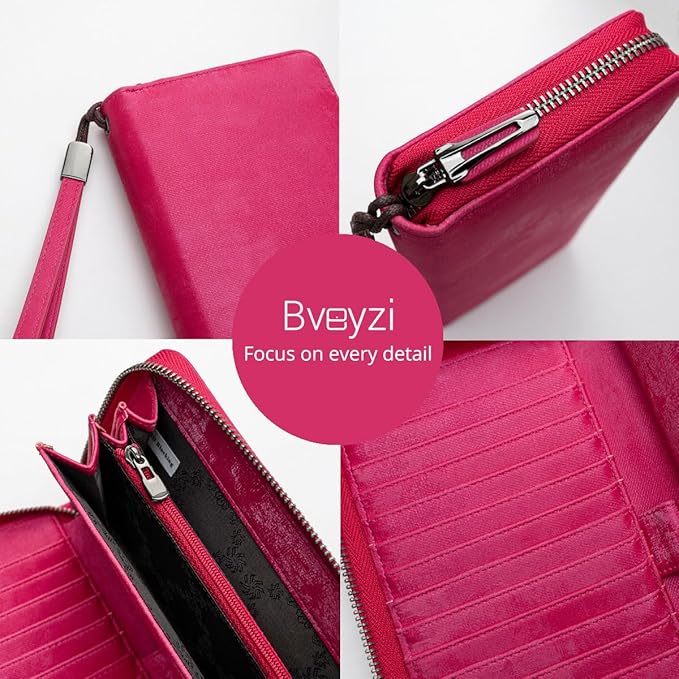 Bveyzi Women RFID Blocking Wallet Leather Zip Around Phone Clutch Large Capacity Ladies Travel Purse Wristlet | RFID Blocking, Zip Around, Large Capacity