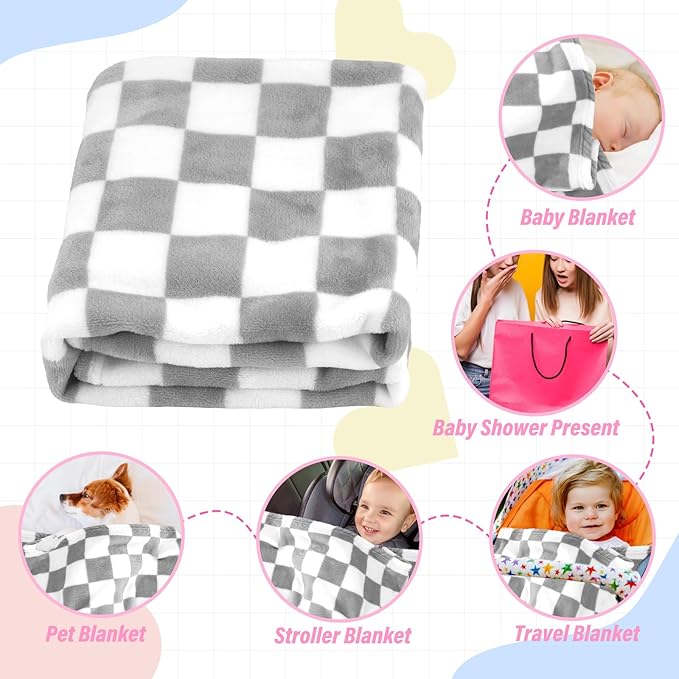 GreatBba Plush Checkered Baby Blanket for Boys Girls Nursery, 30"*40" Warm Short Fleece Blanket Neutral for Infant Newborn, Small Fuzzy for Sleeping, Chenille or Stroller (Gray&White)