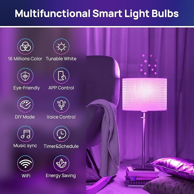 Consciot Smart Light Bulbs, A19 Google Home Color Changing Bulbs, 4-Pack | 800 Lumens, 60W Equivalent, Works with Apple Home, Alexa, Google Home & SmartThings, Dimmable LED Bulbs