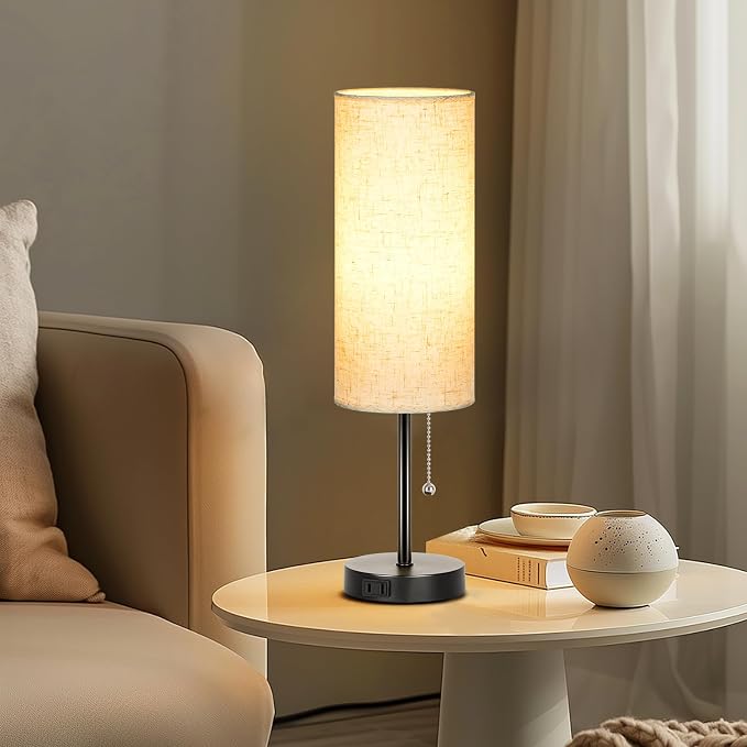 Dott Arts 18" Table Lamp for Bedroom, 3-Color Bedside Lamps with Pull Chain | Bedroom Table Lamps for Nightstand,AC Outlet Small Lamp for Living Room, Bulb Included Flax