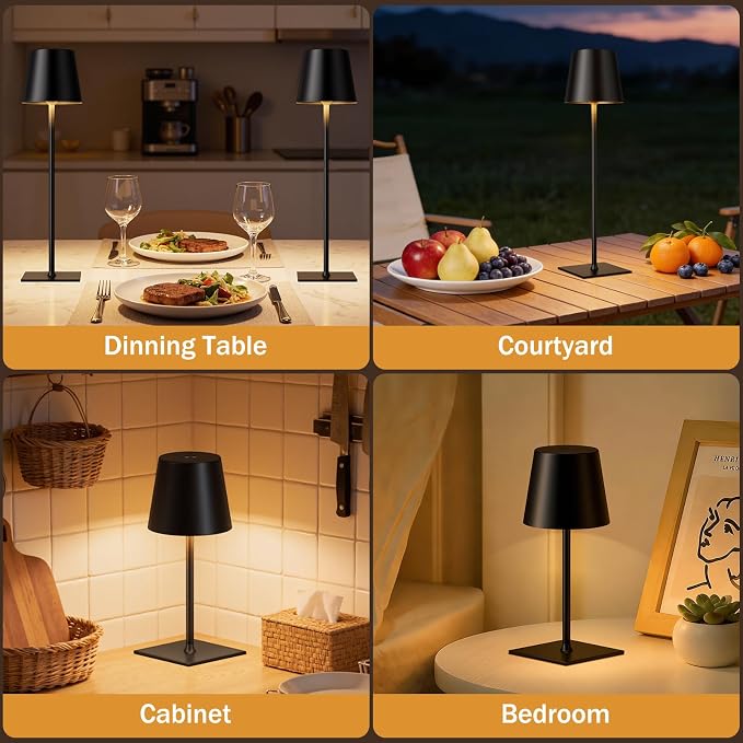 Kakanuo Black Cordless Rechargeable Table Lamp, 4 Pack Portable Desk Lamp with 5000mAh Battery, Touch Control Stepless Dimming, Wireless Night Light for Dining, Outdoor Camping, Coffee Shop