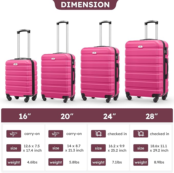 Suitour 4 Piece Luggage Sets, Hard Shell Suitcase Set with Spinner Wheels 16 20 24 28inch Travel Sets(Rose Red)