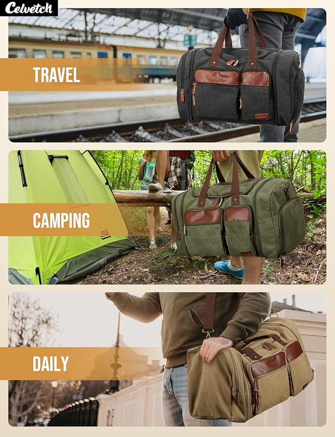 Canvas Duffle Bag for Travel 50L Expandable Travel Duffel Bags for Men Women Overnight Weekend Gym Bag with Shoes Compartment - Dark Grey