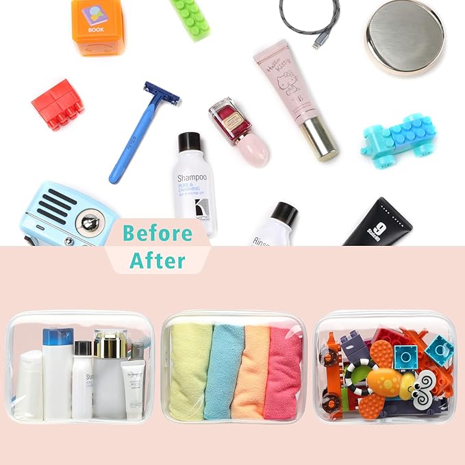 F-color TSA Approved Toiletry Bag 3 Pack Medium - Clear Makeup Bag Travel Quart Size for Women Men, Clear Cosmetic Bag Airport Airline Compliant Carry on Bag, Active White