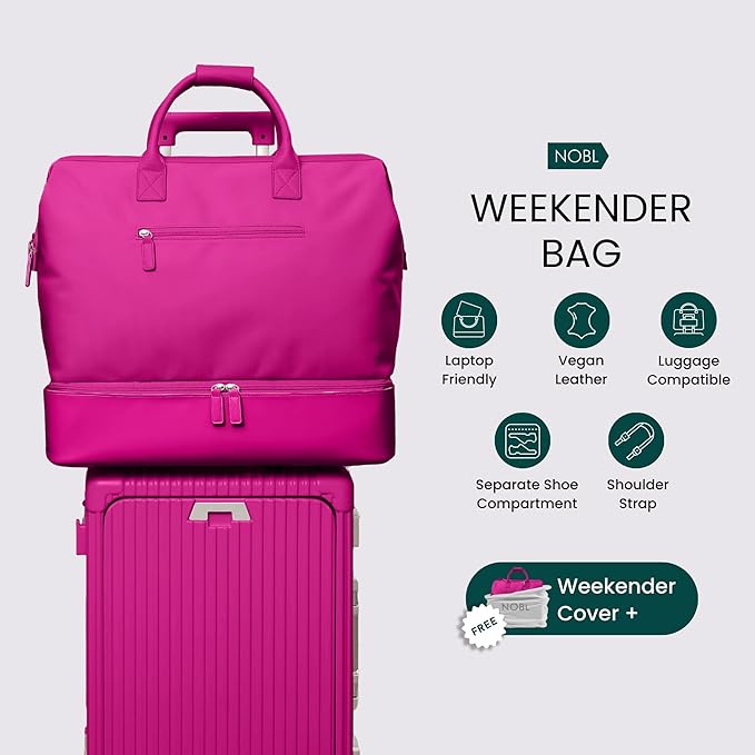 NOBL Travel Weekender Bag for Women & Men, Large Duffel Carry-On Tote with Trolley Sleeve, Separate Shoe Compartment & Laptop Pocket, Leather Overnight Bag for Airplane, Gym, Road Trips - Hot Pink