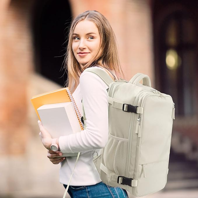 Hanples Travel Backpack for Women Men Large Carry On Person Item Flight Approved 17 In Laptop Backpack Waterproof anti theft Casual Luggage with 2 Toiletry Bag(Beige)