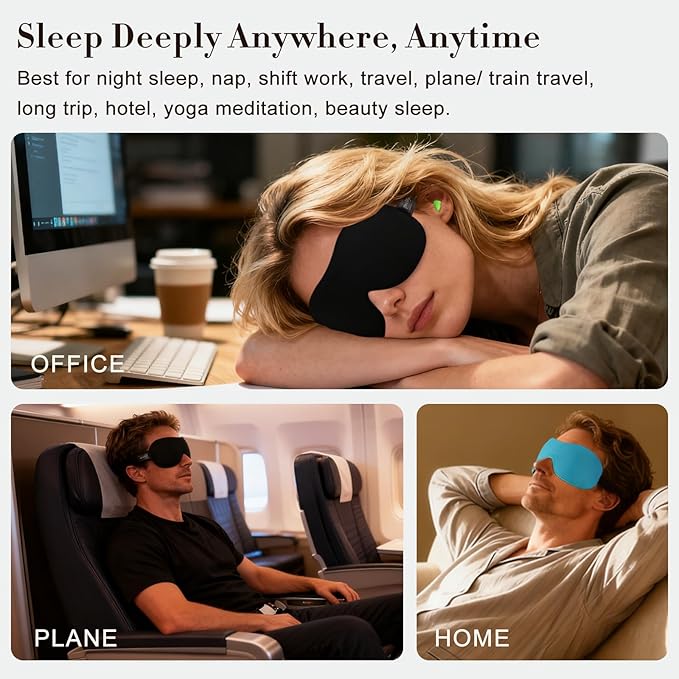 PrettyCare 3D Sleep Mask 2 Pack,Eye Mask for Side Sleeper 3D Contoured Sleeping Mask Blackout Out for Men- Blindfold Airplane with Ear Plugs, Night Masks with Travel Bag (Black&Blue)