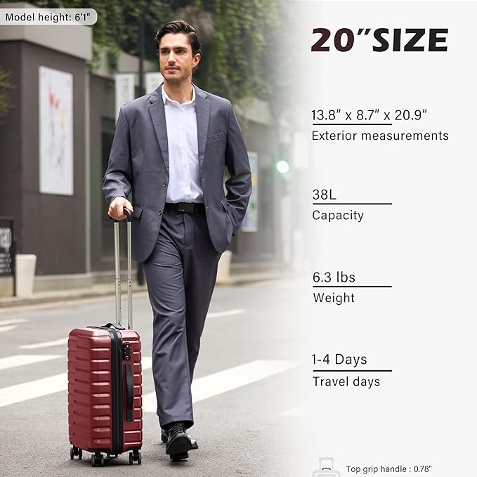 Coolife Carry On Luggage Airline Approved with Spinner Wheels, Hard Shell Suitcase TSA Lock Lightweight Travel Luggage 20-inch,Wine Red