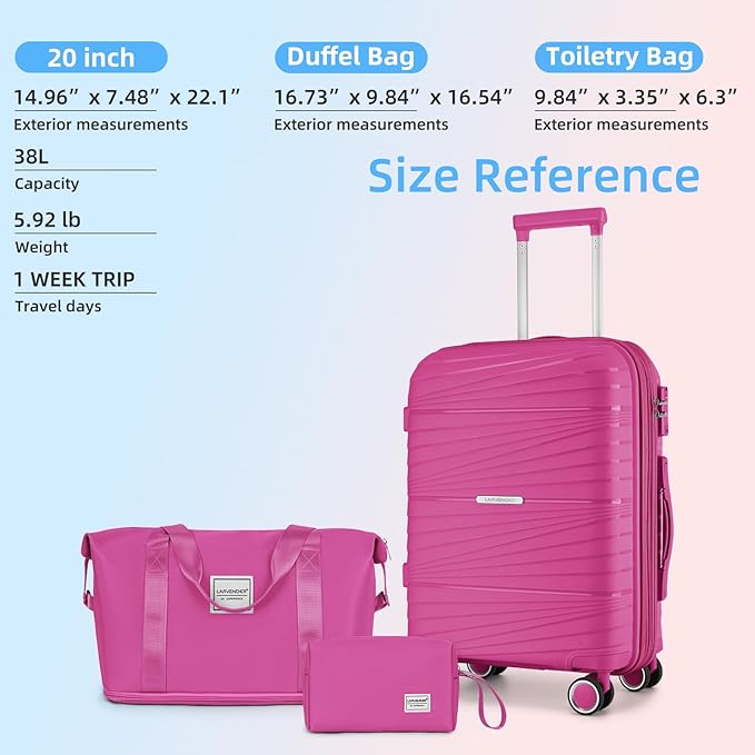LARVENDER Carry On Luggage 22x14x9 Airline Approved, 20 Inch Hardshell & Lightweight PP Carry On Suitcase for Women with Spinner Wheels TSA Lock, Magenta