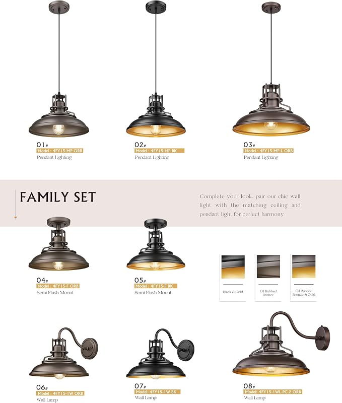 FEMILA Black & Gold Pendant Lights for Kitchen Island, 12" Farmhouse Pendant Light Fixture, Adjustable Hanging Barn Lights Outdoor for Dining Room, Entryway, 4FY15-MP BK-1