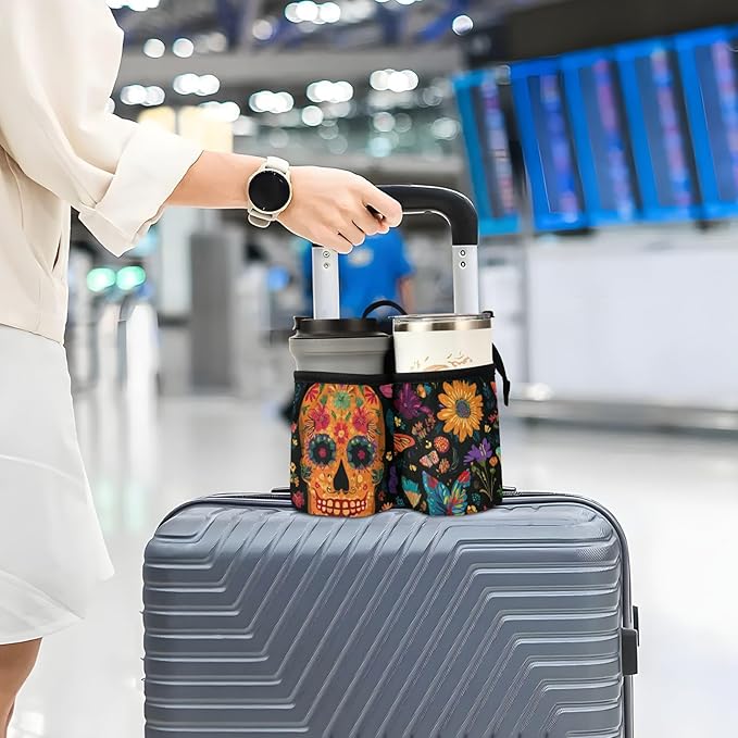 Mexican Folk Art Skulls and Flowers Luggage Cup Holder Travel Portable Free Hand Drink Carrier Suitcase Drinks Beverage Holder Carry-On Bottle Mug Holder Organizer Bag Travelers Accessories