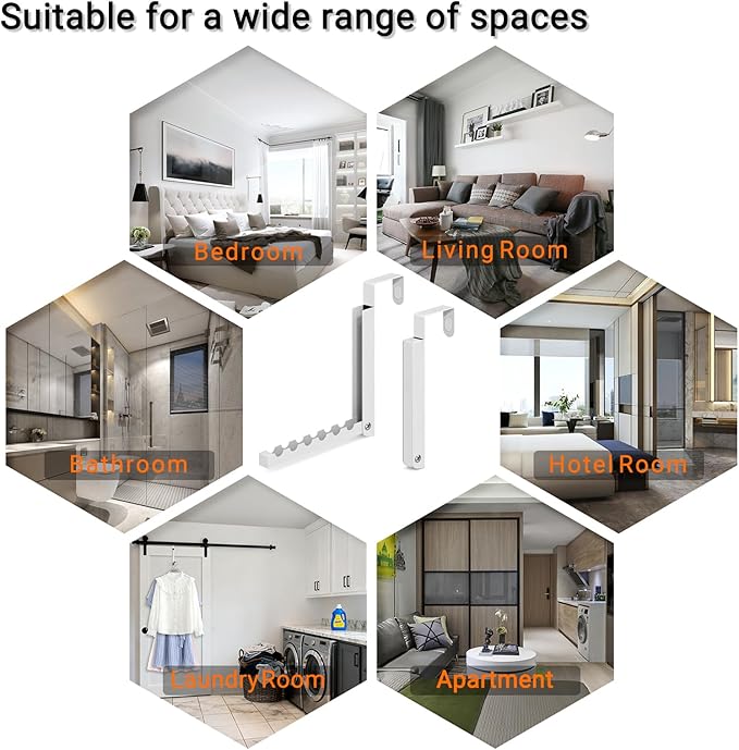2-Pack Foldable Over-The-Door Hooks, Travel Portable Clothes Drying Rack, 6-Hook Space Saver for Clothing, Coats, Bags, Laundry Room, Bedroom, Bathroom, Entryway, Dorm - White