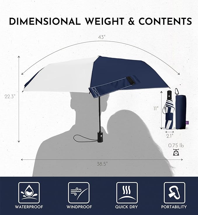 Windproof Travel Umbrella for Rain - 43" Auto Open Close 8-Rib Compact, Stylish Two-Tone Color Block Design, Easy-Close Folding Portable Parasol for Men & Women