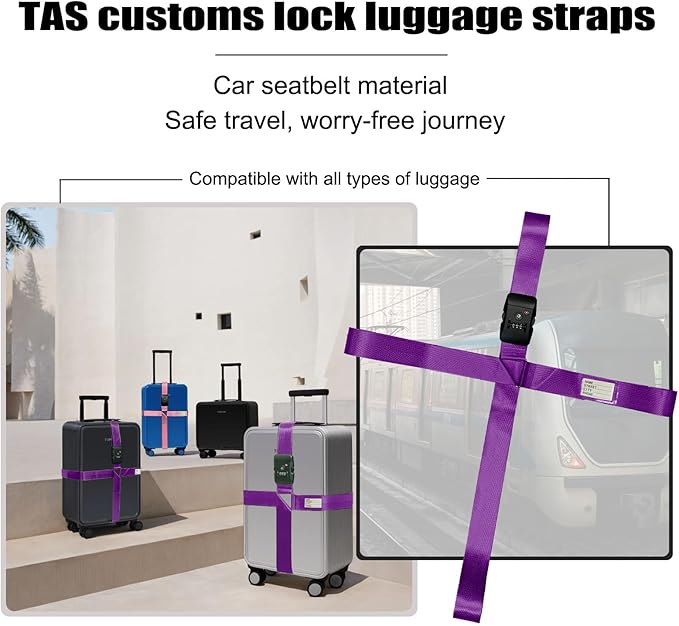 Luggage Straps TAS,Travel Strap with Name tag,Easy to Identify,Luggage Straps TSA Approved with Lock,Combination Luggage Lock with Adjustable Length,Compatible with 20-34 inch Luggage(Purple 1 Pack)