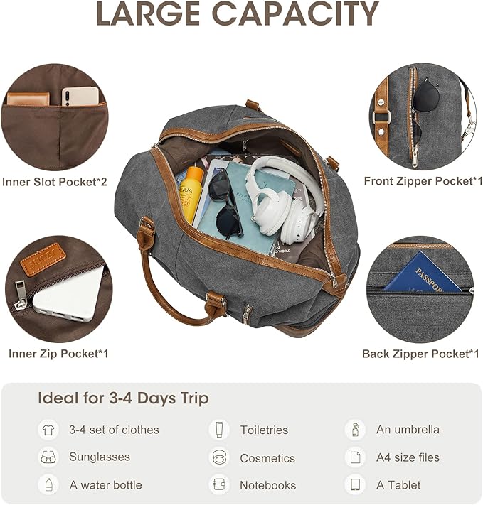 S-ZONE Weekender Bag for Men Canvas Duffle Large Weekend Overnight Travel Carry On Tote Bag with Shoe Compartment (Grey)