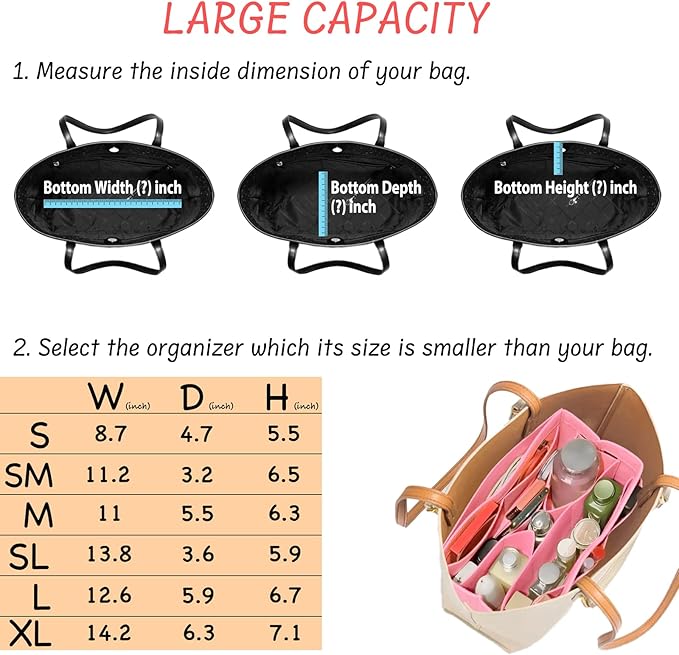 DailyPlus Purse Organizer Insert Felt Bag Organizer Handbag Organizer Insert Bag In Bag Organizer for Tote Purse Bag 14 Pockets Pink Small