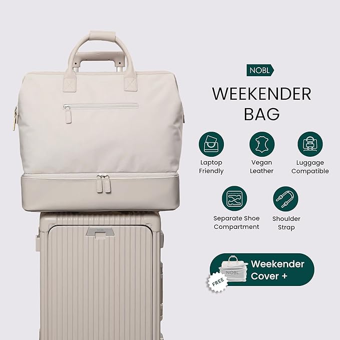 Nobl Travel Weekender Bag for Women & Men, Large Duffel Carry-On Tote with Trolley Sleeve, Separate Shoe Compartment & Laptop Pocket, Leather Overnight Bag for Airplane, Gym, Road Trips - Sand