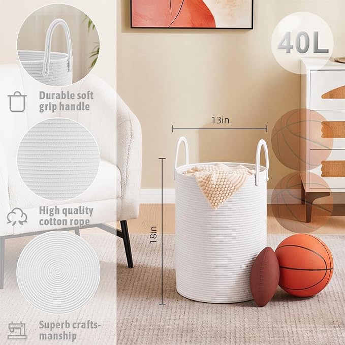 Laundry Basket,Woven Cotton Rope Laundry Hamper,40L for Decorative Storage of Dirty Clothes,Toys and Blankets in Bathroom,Baby Room and Living Room